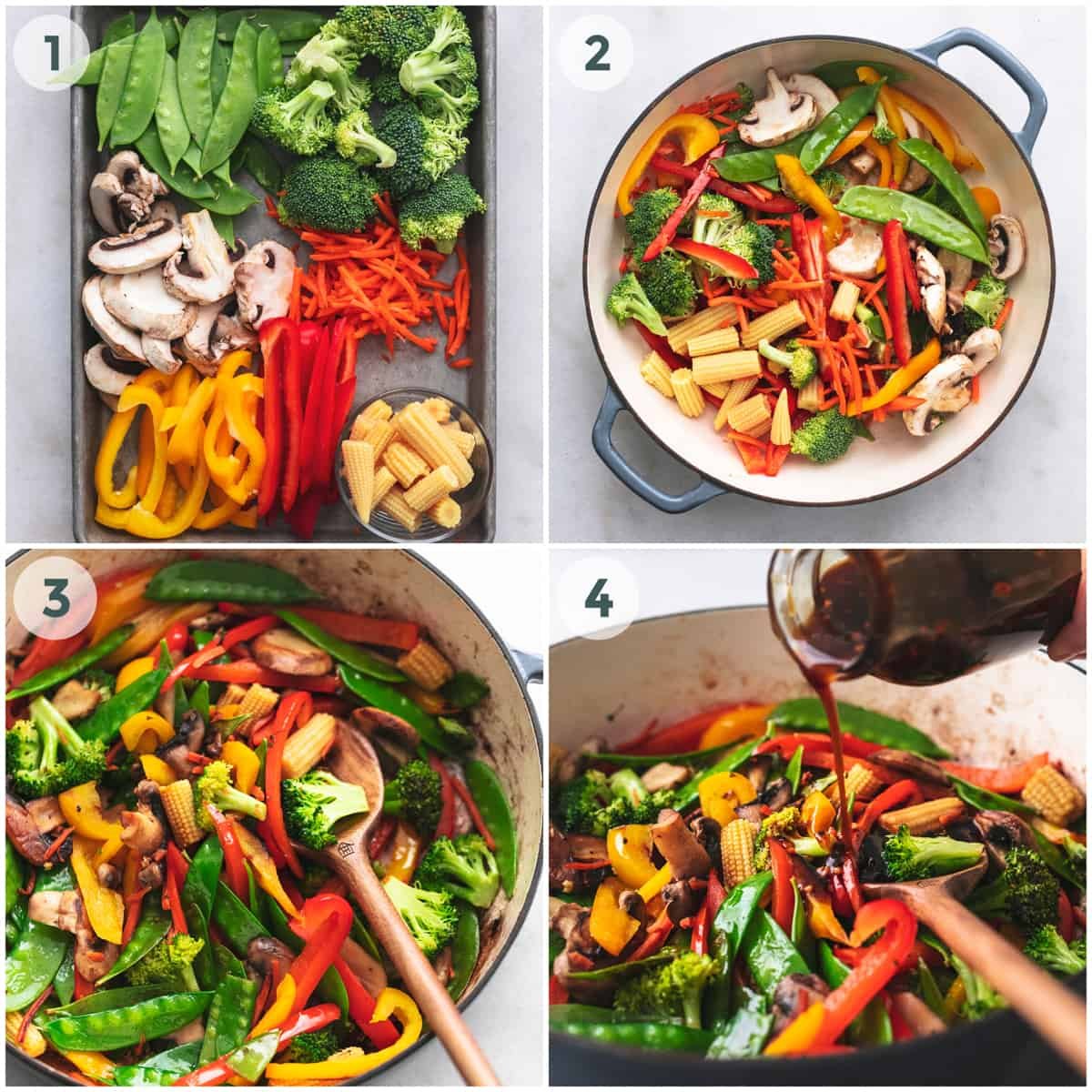 four steps of preparing vegetable stir fry