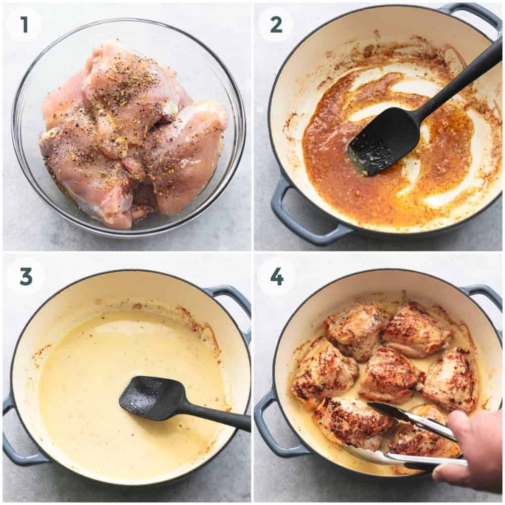 four steps of preparing and cooked baked chicken thighs