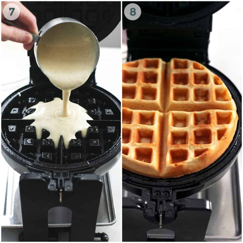 two images of batter pouring onto waffle iron, and cooked waffle