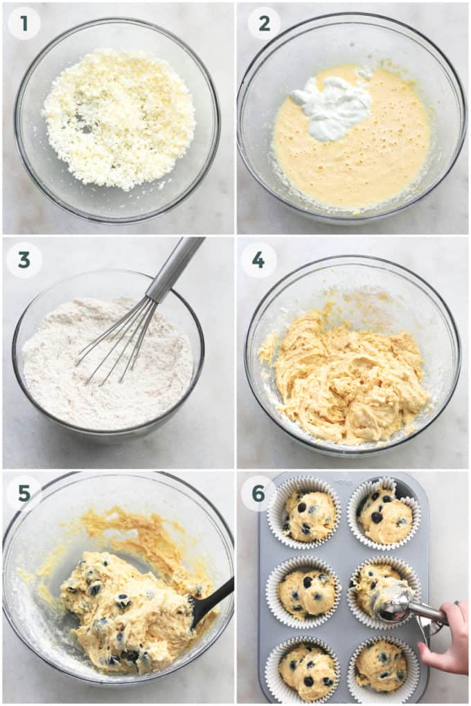 six steps of preparing muffin batter