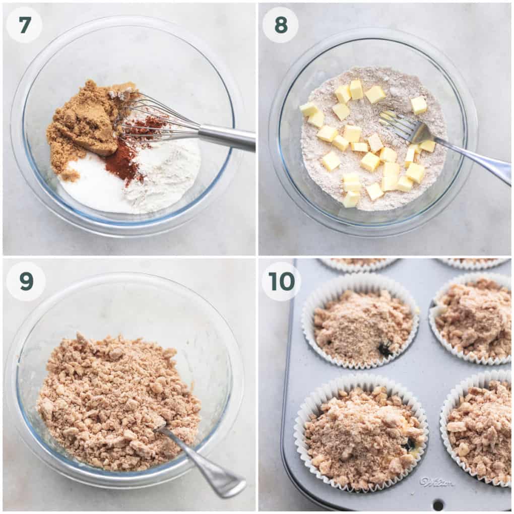 four steps of preparing streusel topping for muffins