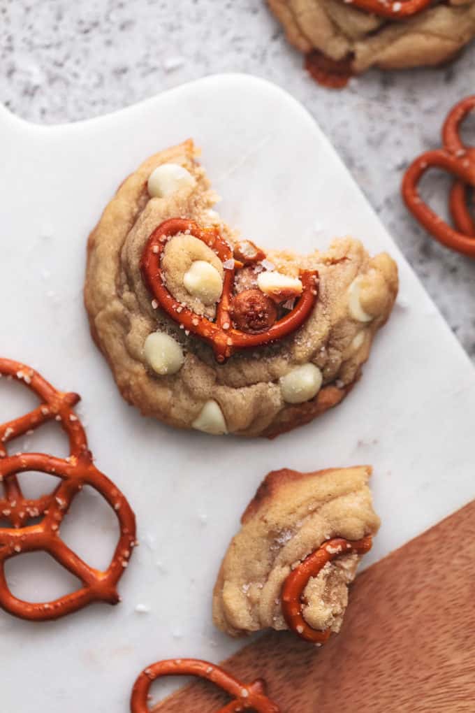 caramel cookie and pretzel with bite