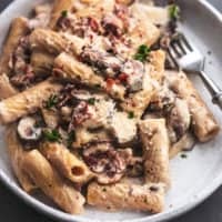 close up view of rigatoni pasta with mushroom and bacon sauce