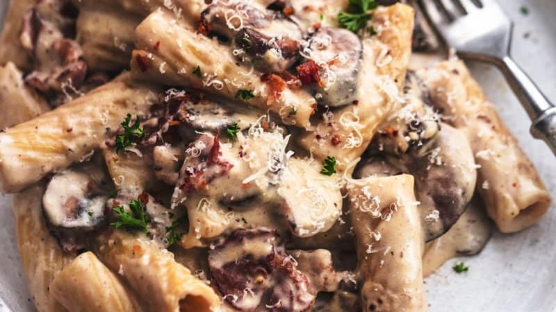 close up view of rigatoni pasta with mushroom and bacon sauce