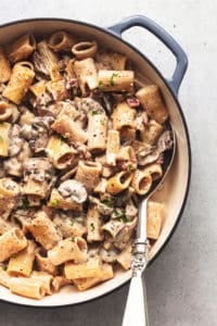 skillet of rigatoni pasta with mushroom sauce