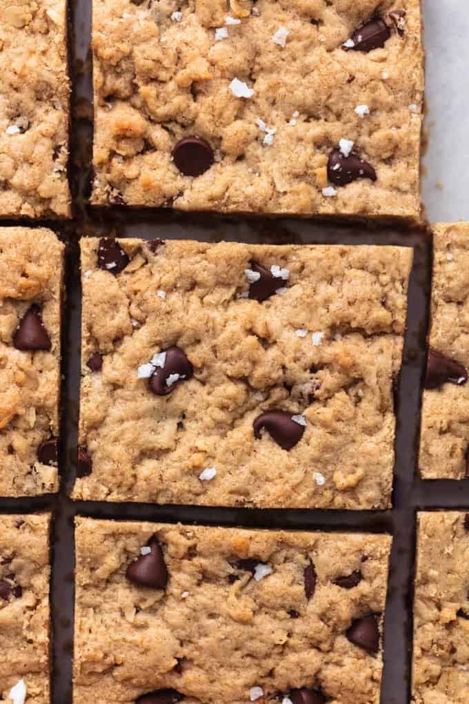 overhead view of several oatmeal bars with chocolate chips and sea salt