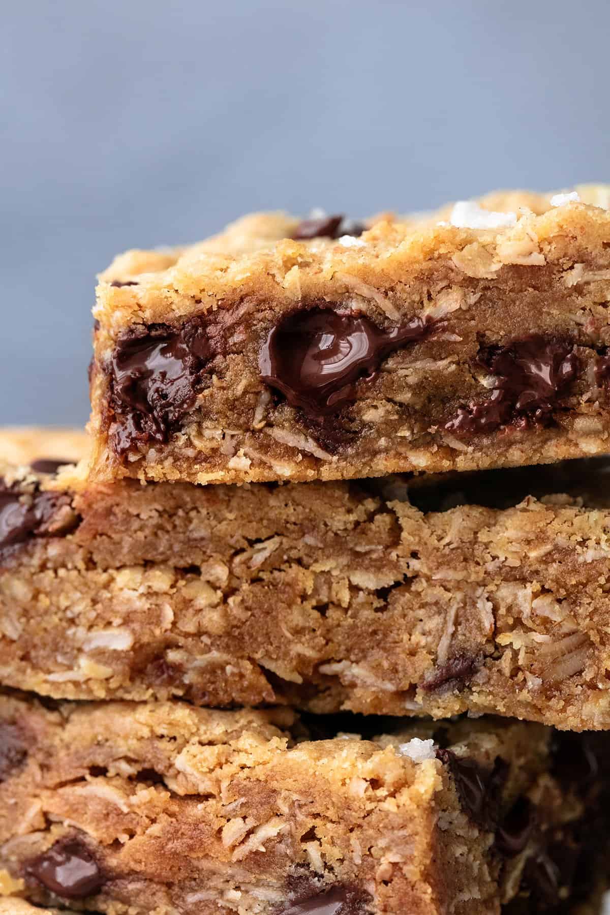 up close oatmeal chocolate chip cookie bar from the side
