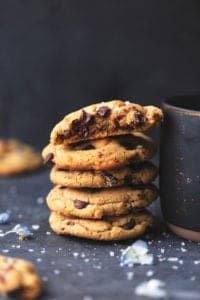 stack of chocolate chip cookies next to