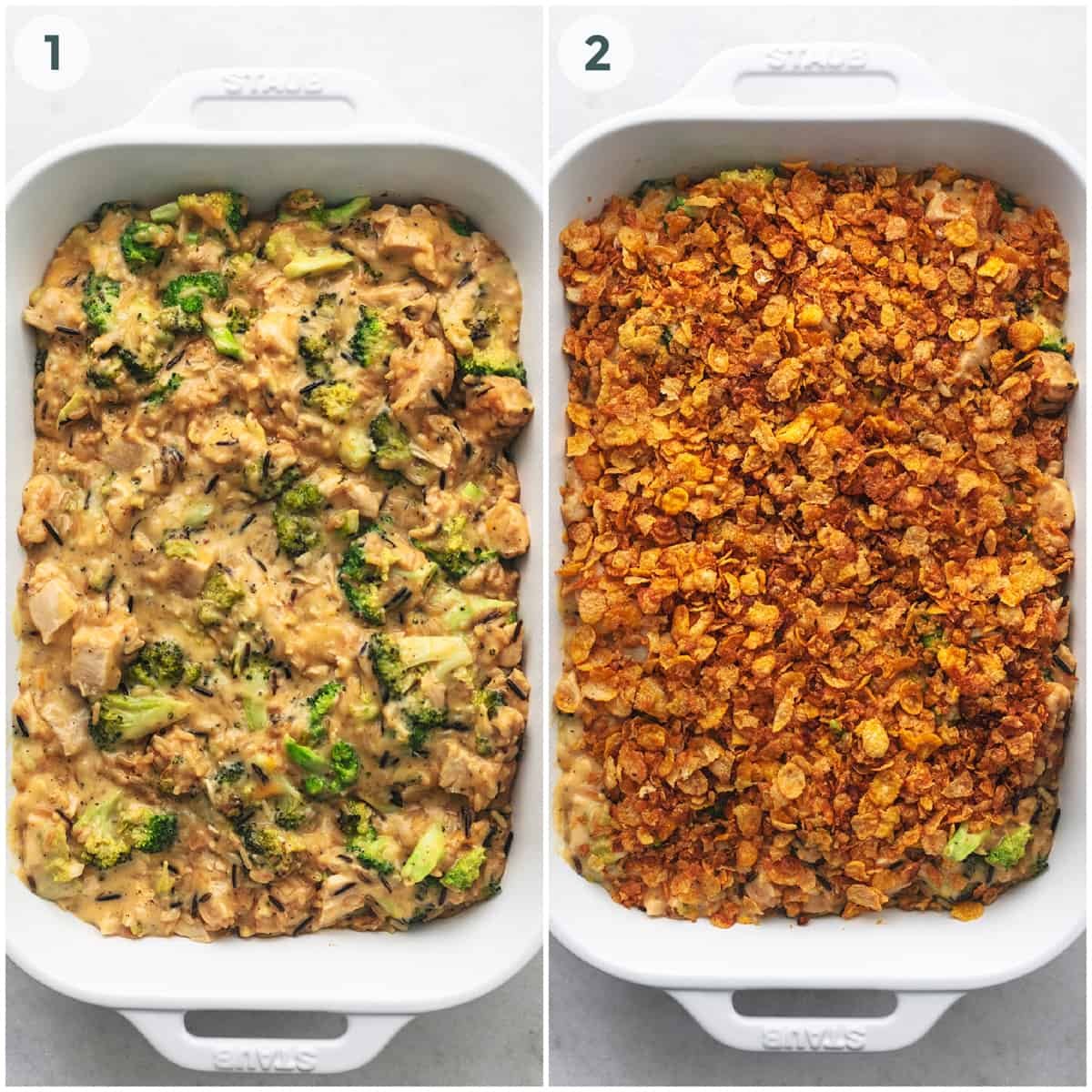 two steps side by side for making a chicken casserole