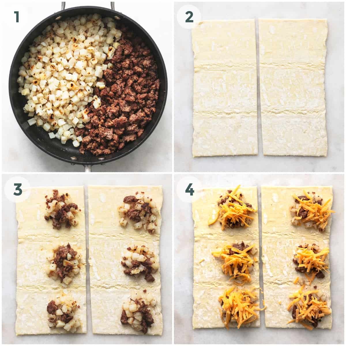 four steps of preparing sausage rolls