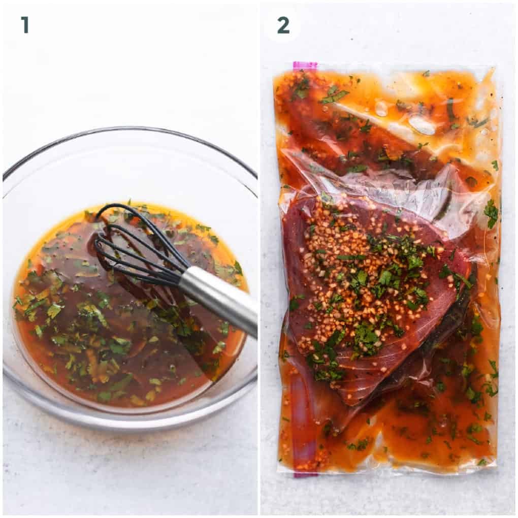 two steps of preparing a marinade for tuna steaks