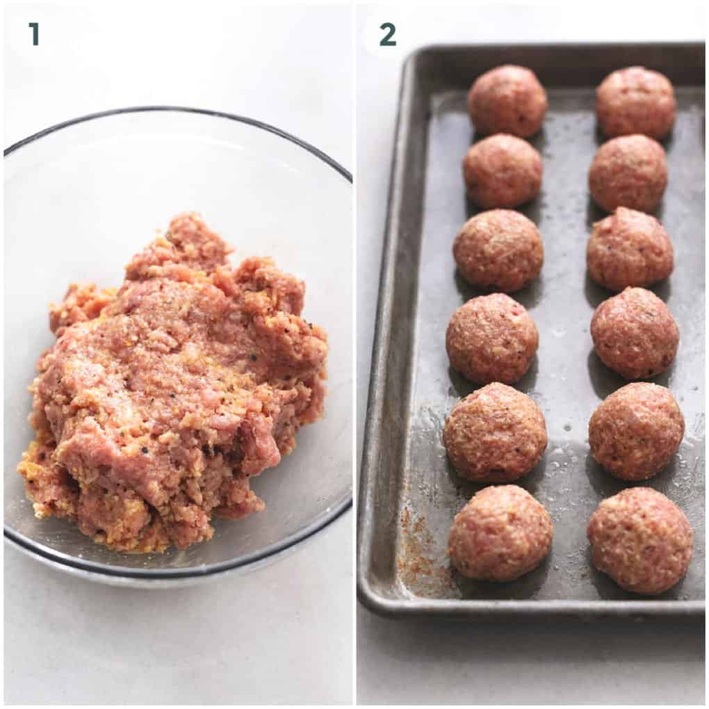 two steps of preparing chicken meatballs