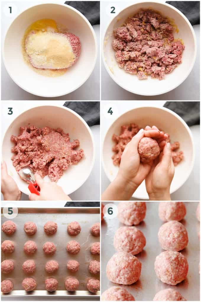 six steps of preparing baked chicken meatballs