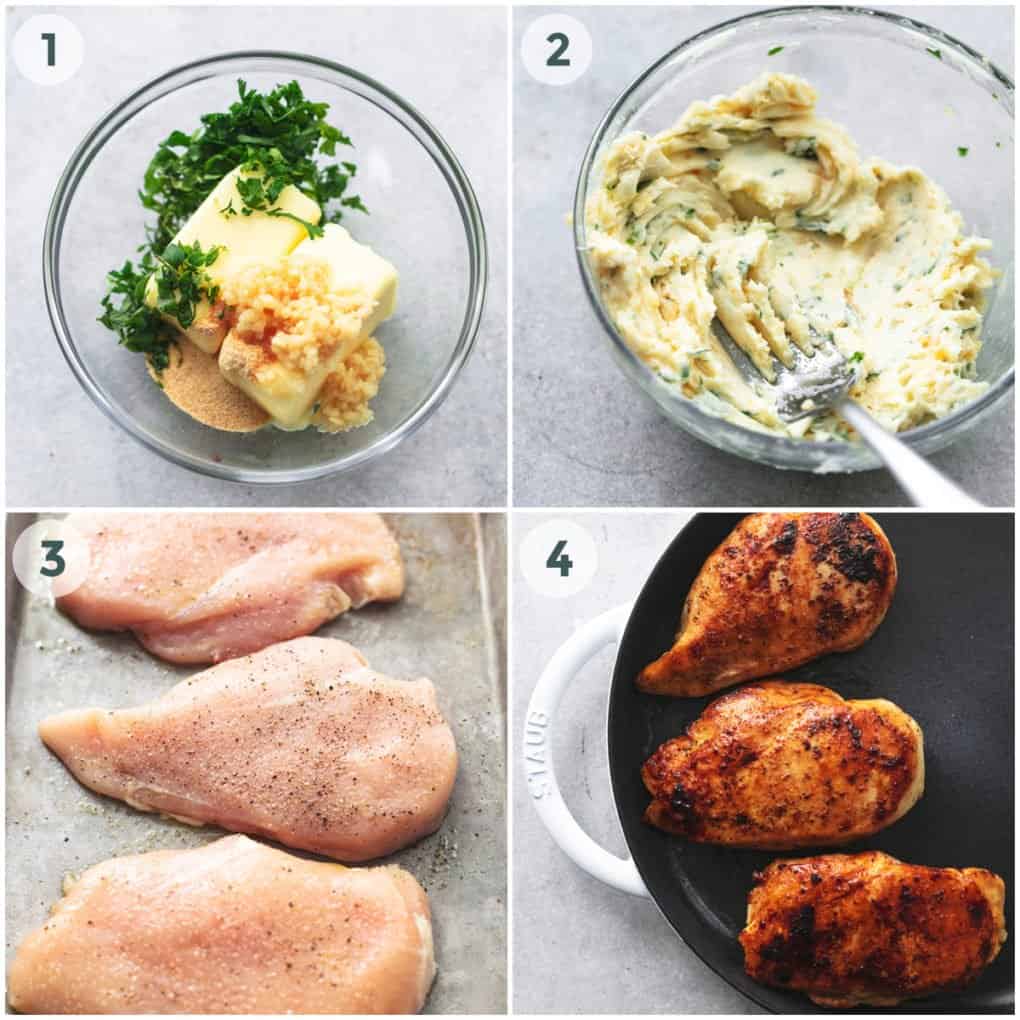 four steps of preparing chicken with garlic butter