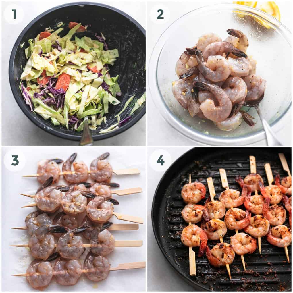 four steps of preparing slaw and grilled shrimp