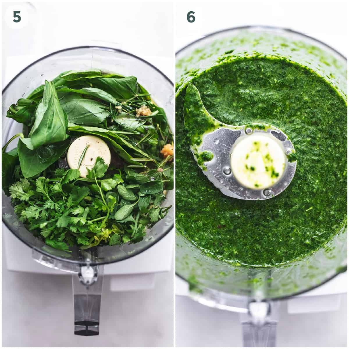 herbs before and after blending in a food processor