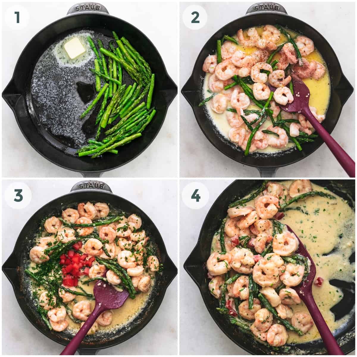 four steps of preparing shrimp scampi with asparagus