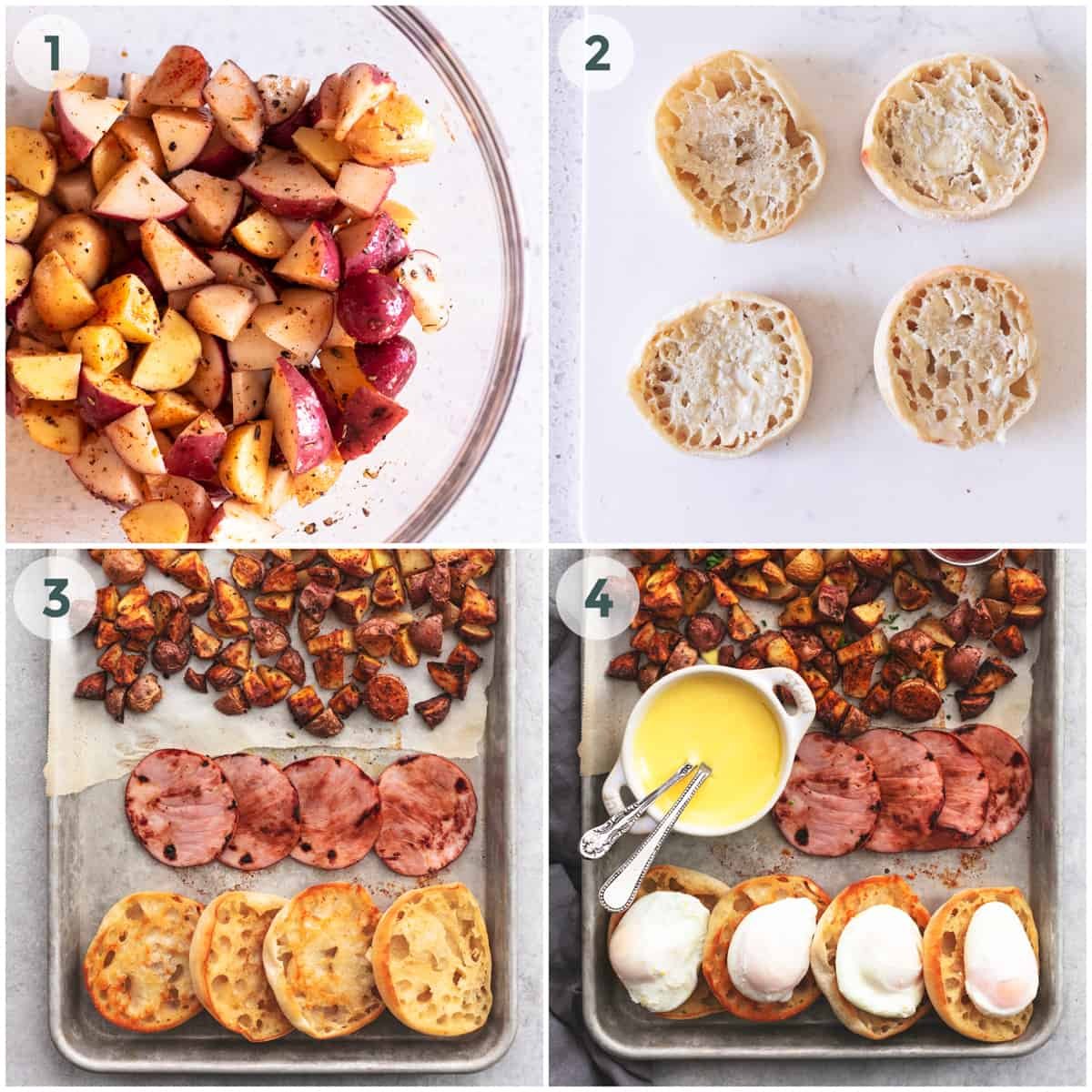 four steps of preparing eggs benedict with potatoes