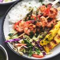 grilled shrimp and pineapple over rice with slaw