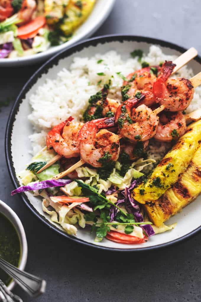 grilled shrimp and pineapple over rice with slaw