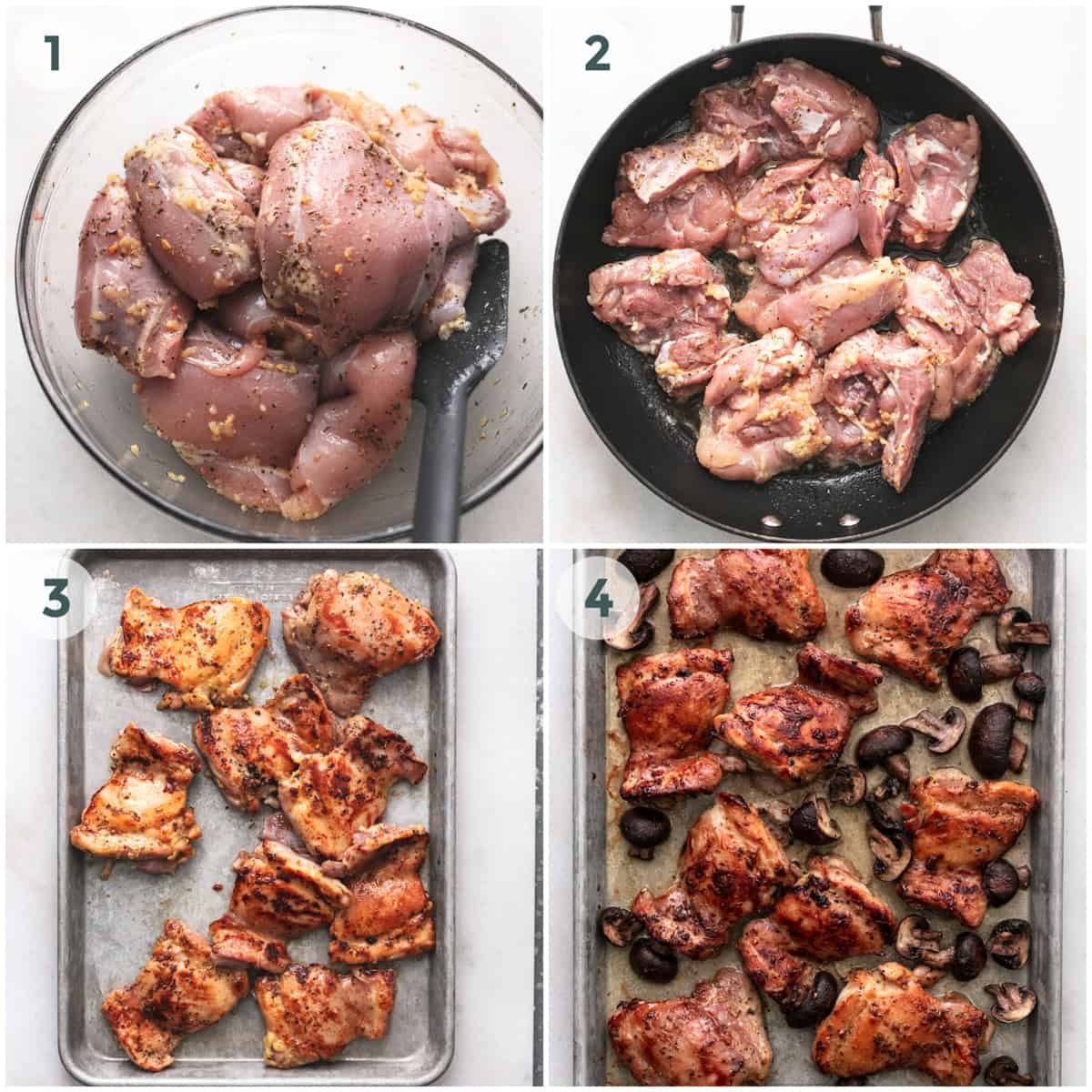 four steps of preparing baked balsamic chicken thighs