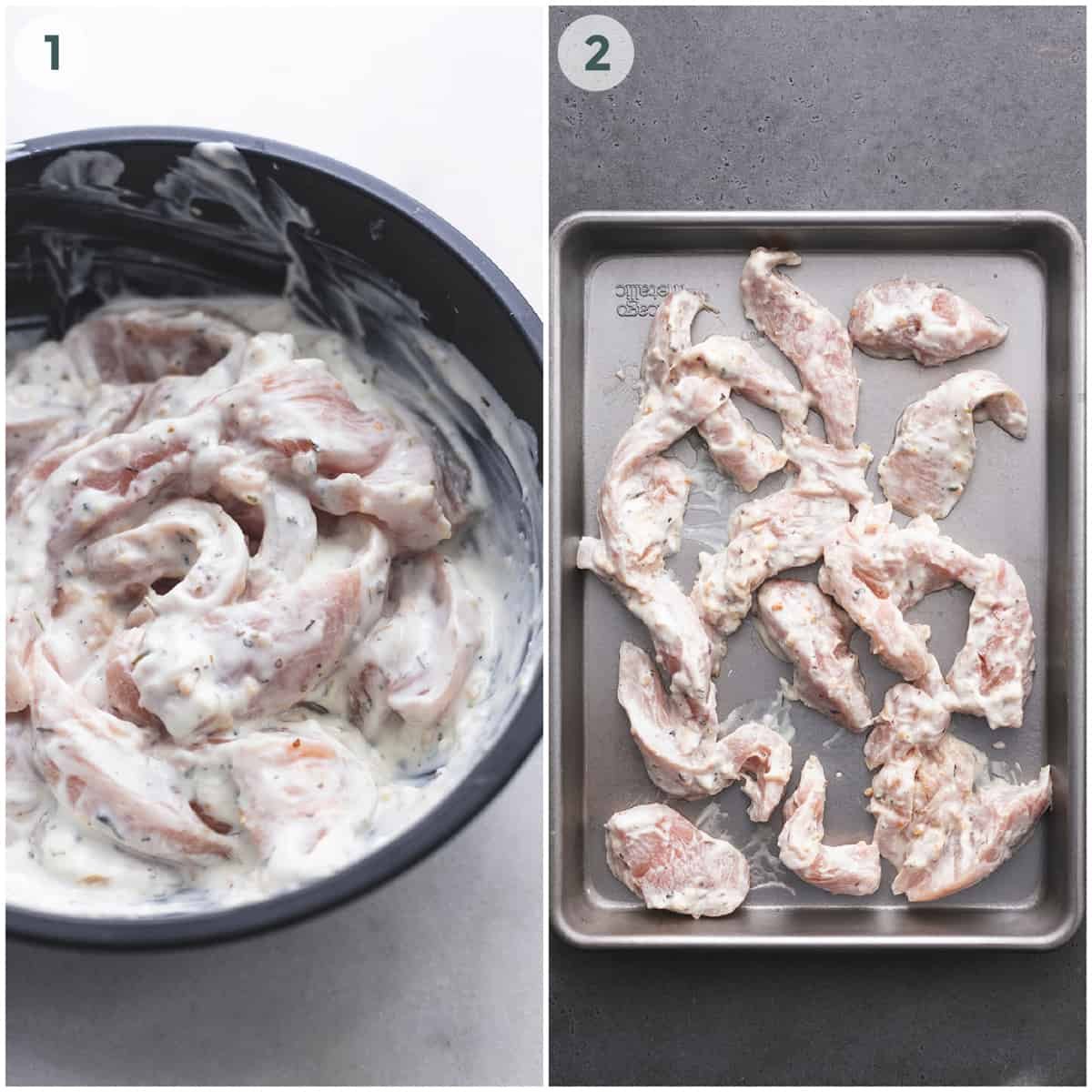 two steps of marinating and preparing greek chicken