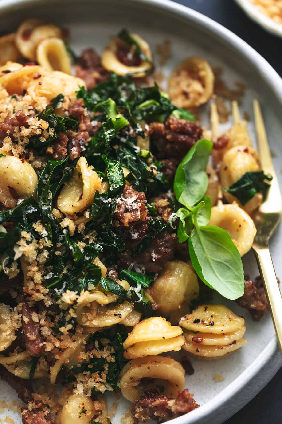 close-up view of pasta with ground sausage and kale