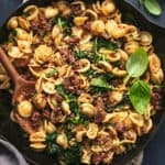 skillet full of orecchiette pasta with sausage