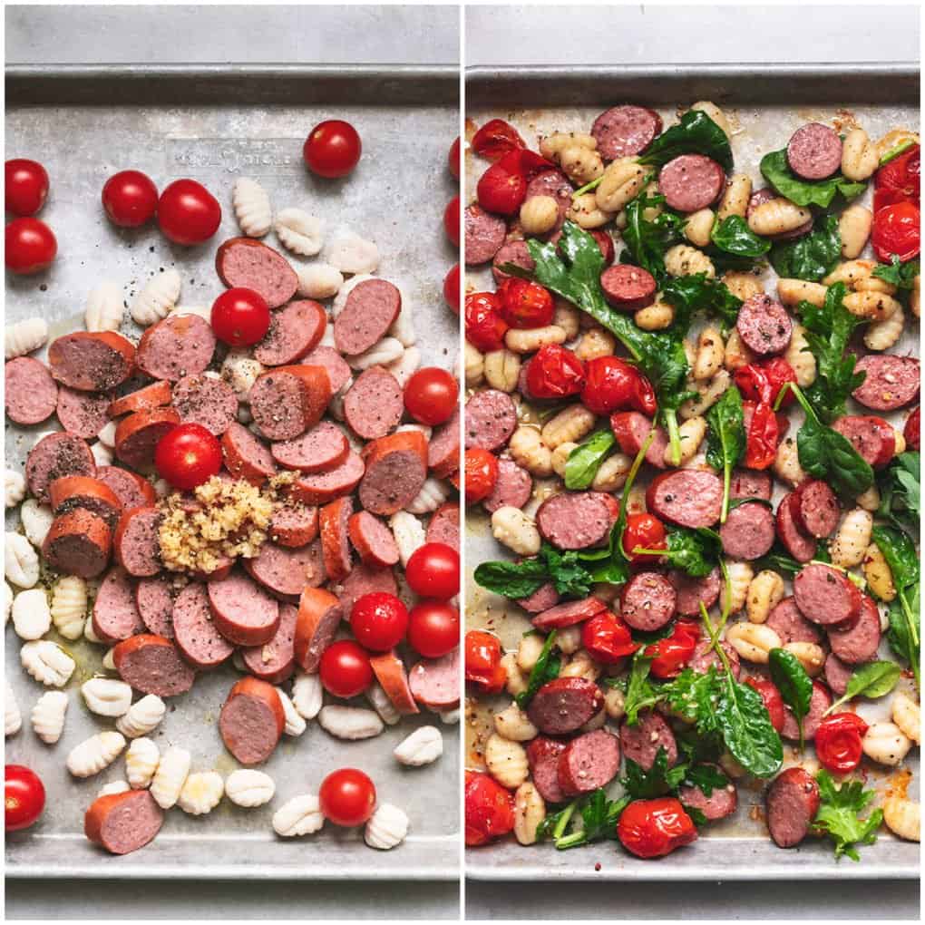 two steps of sheet pan sausage and gnocchi