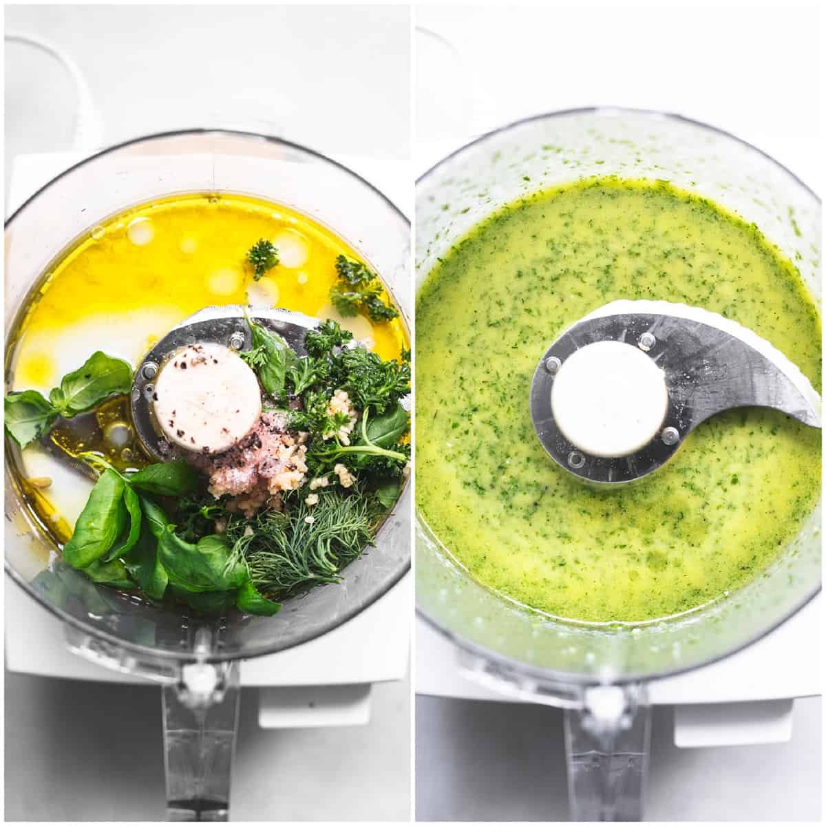 two steps of making herb dressing in a food processor