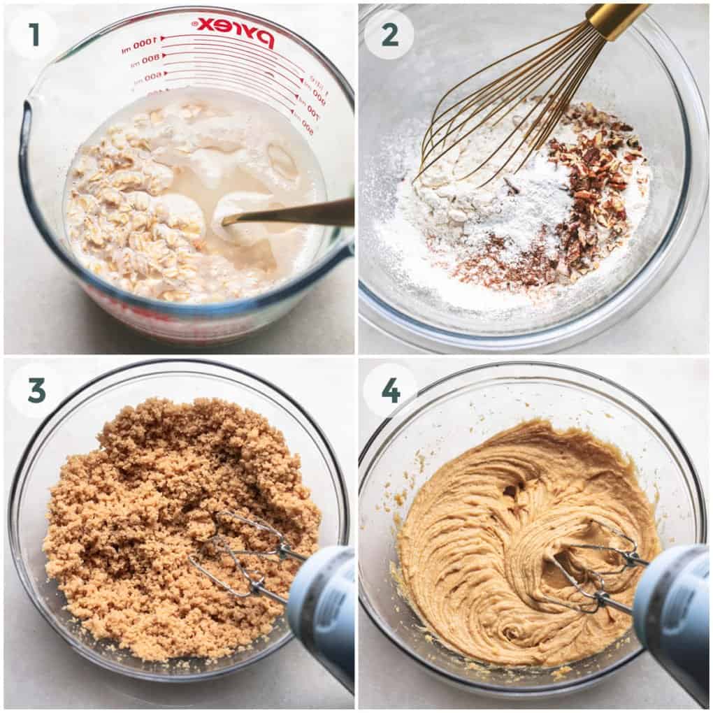 four steps of preparing oatmeal cake batter