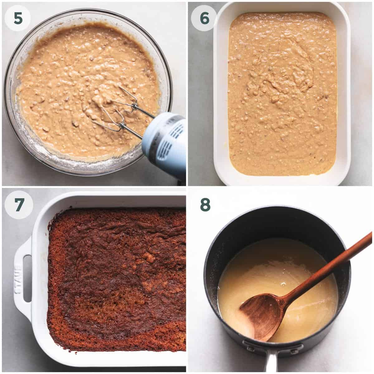 four steps of preparing oatmeal cake and vanilla sauce