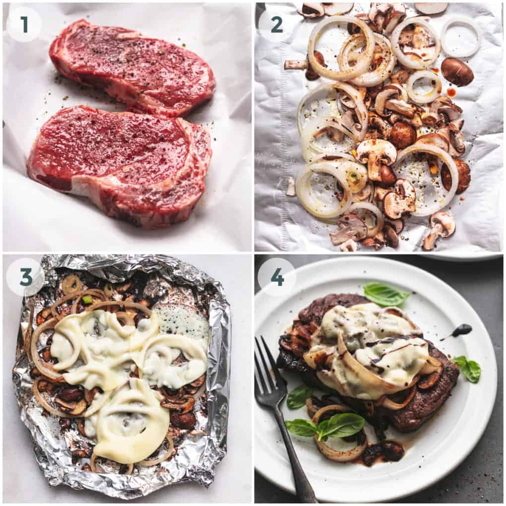 four steps of preparing steak with cheese and mushrooms and onions