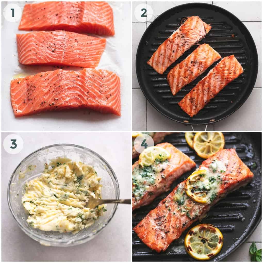 four steps of preparing grilled salmon with herb butter