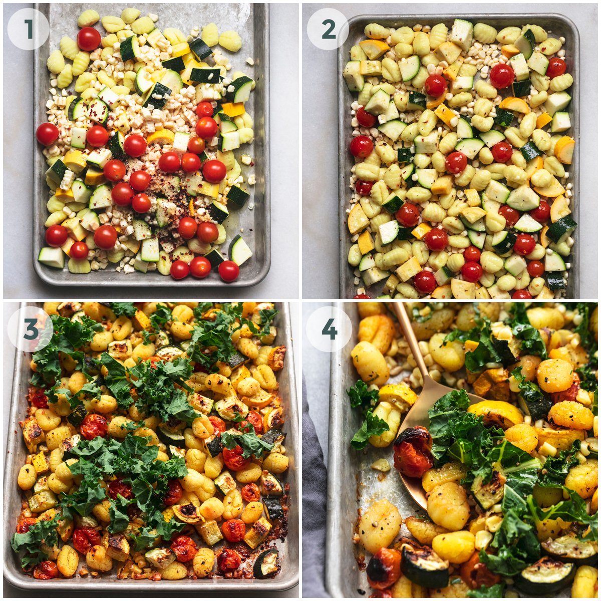 four steps of preparing sheet pan gnocchi