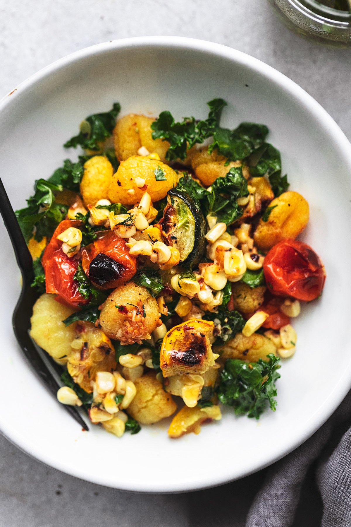 up close summer vegetables with potato gnocchi