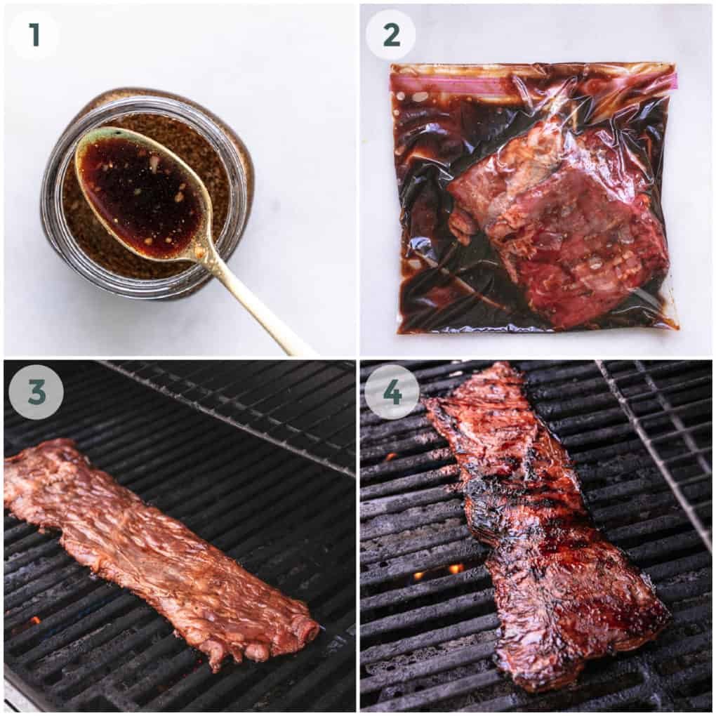 four steps for preparing marinated skirt steak