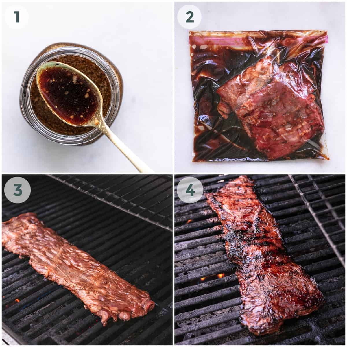 four steps of preparing marinated skirt steak