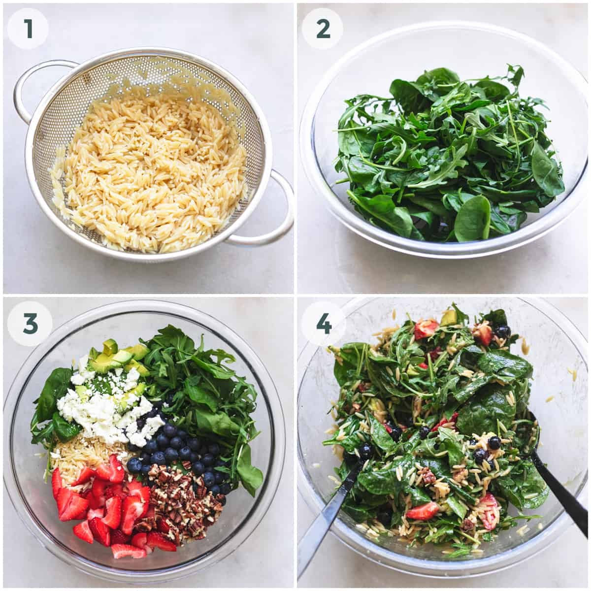 four steps of preparing berry spinach salad