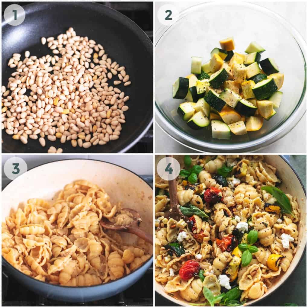 four steps of preparing pasta with vegetables