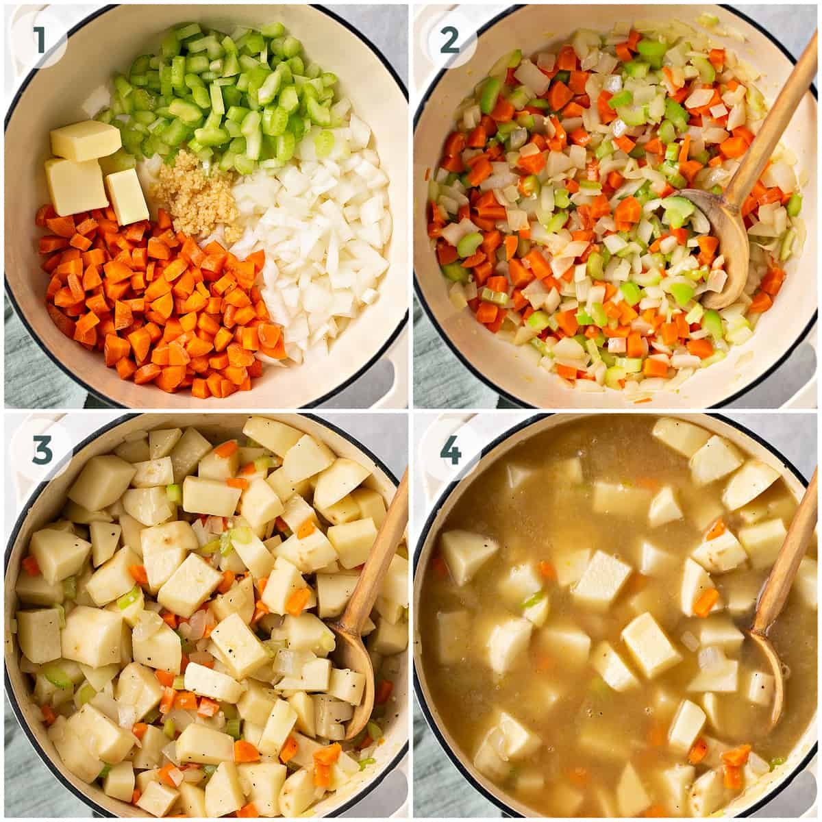 quattro passaggi per preparare la ricetta della zuppa di patate