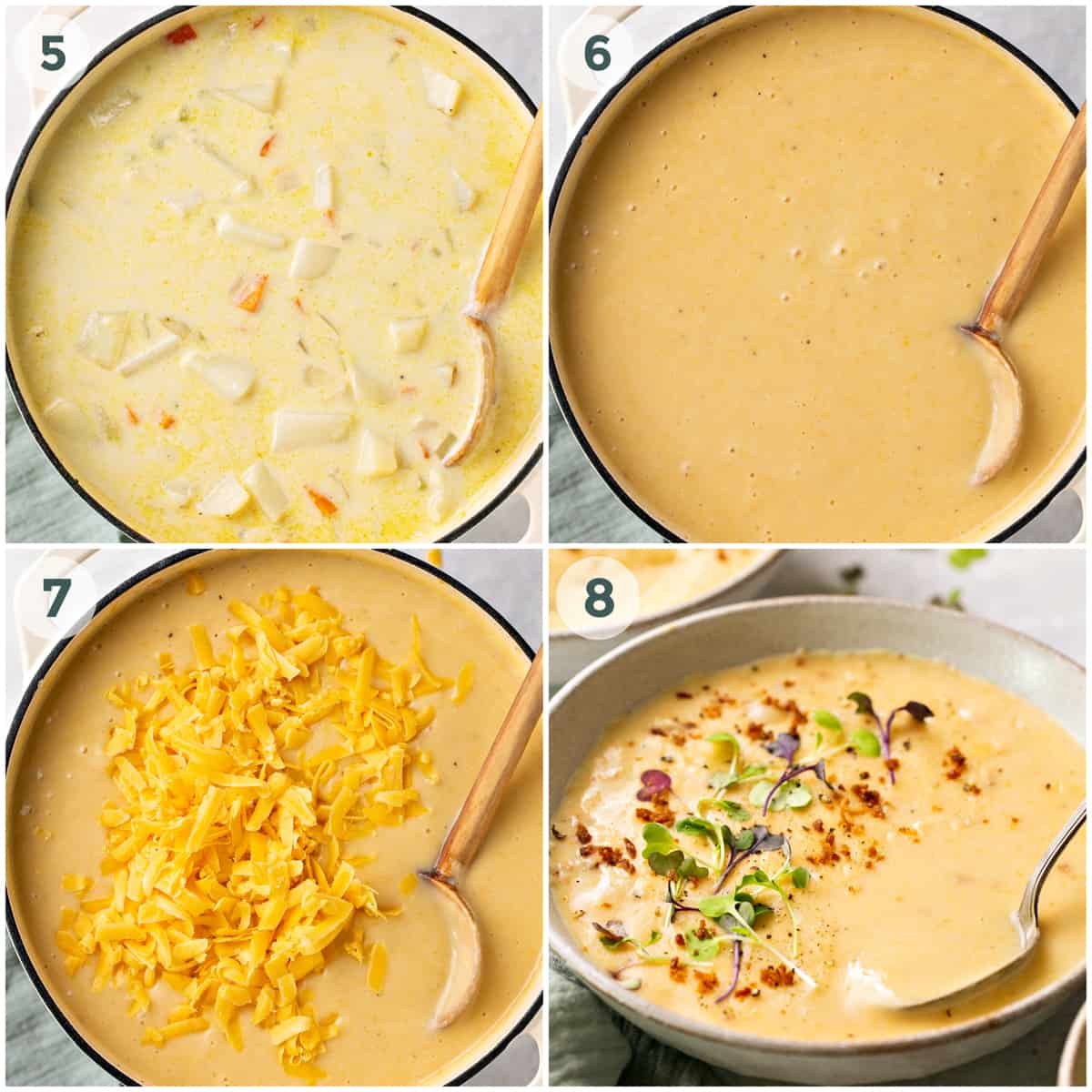 passaggi 5-8 della preparazione della ricetta della zuppa di patate