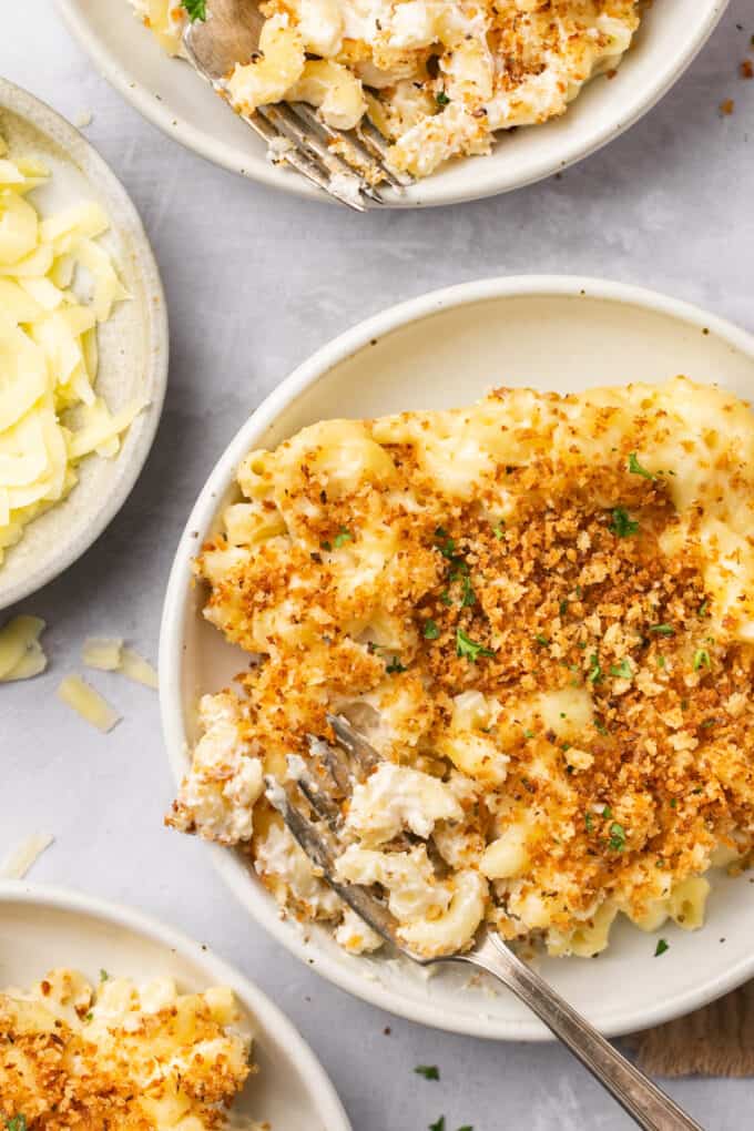 baked mac and cheese on plates
