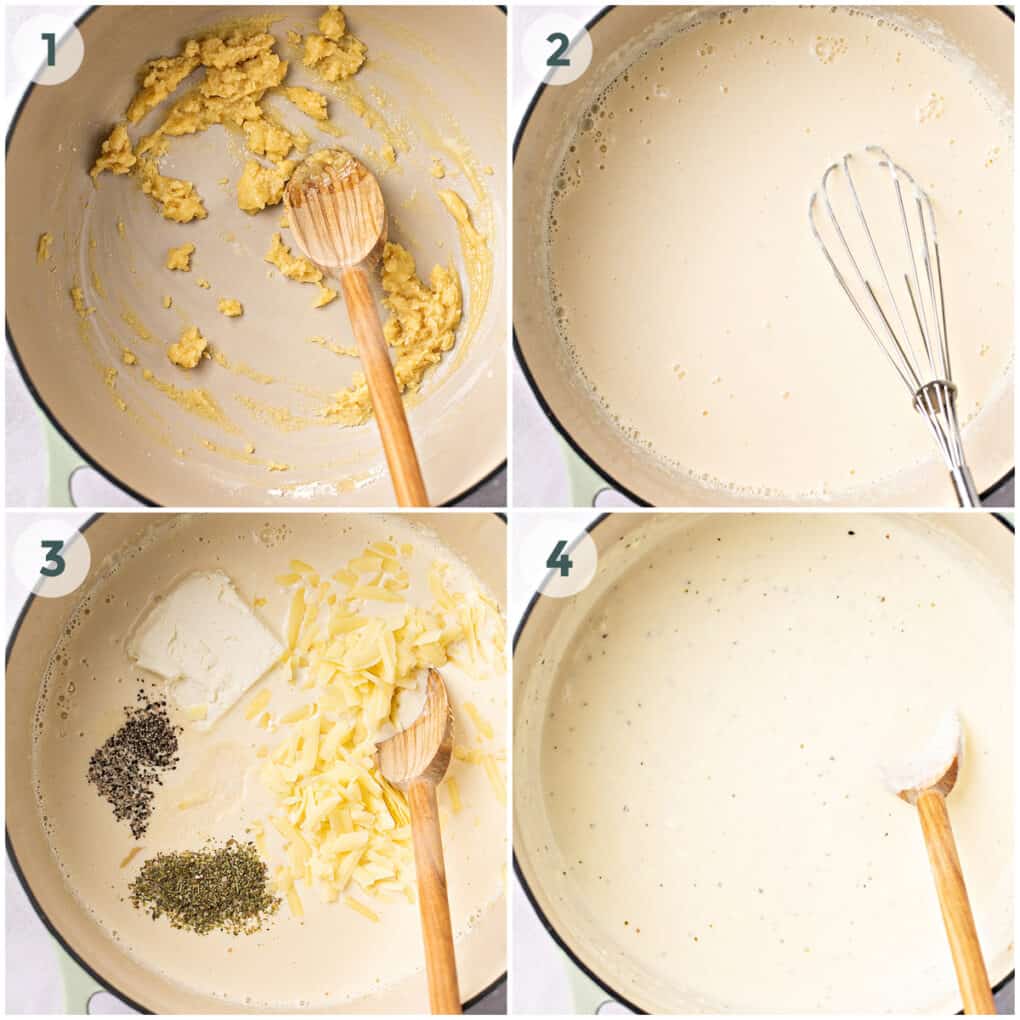 first four steps of preparing baked mac and cheese