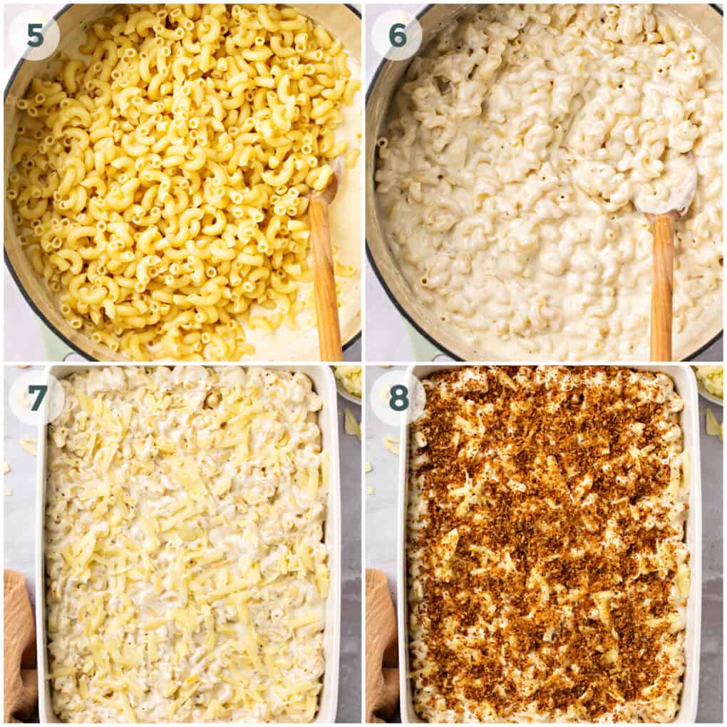 final four steps of preparing baked mac and cheese