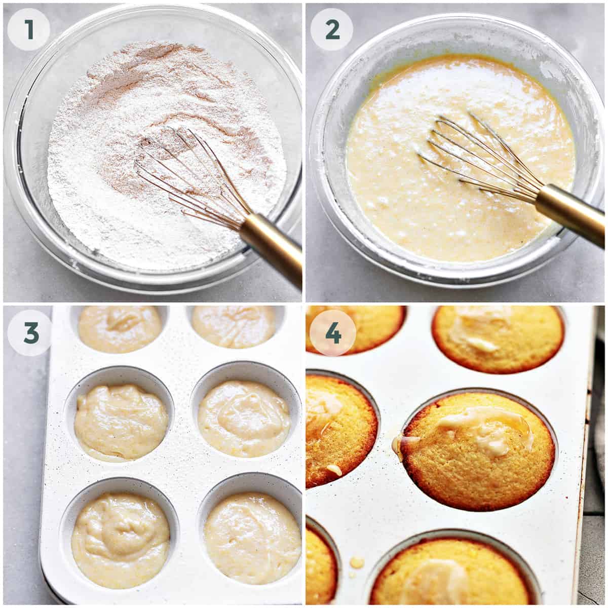 four steps of preparing cornbread muffins