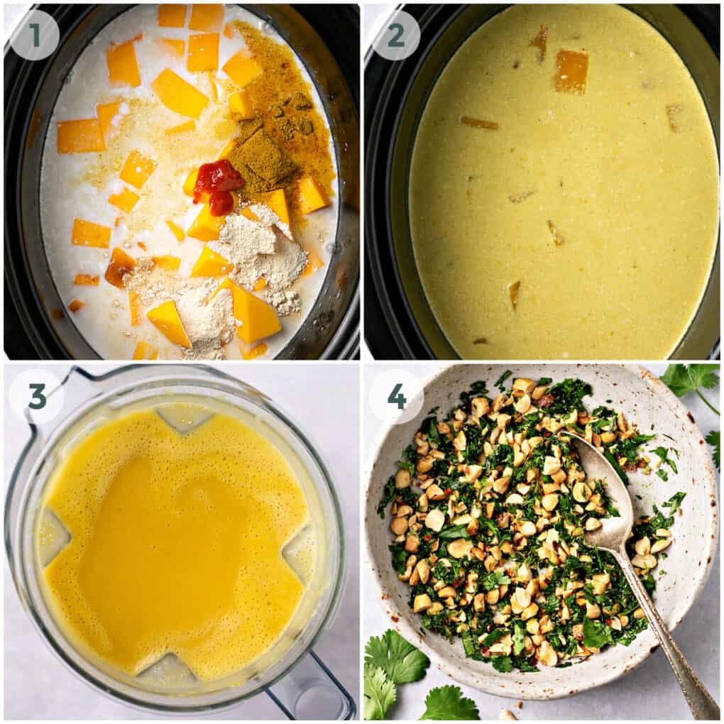 four steps of preparing slow cooker butternut squash soup