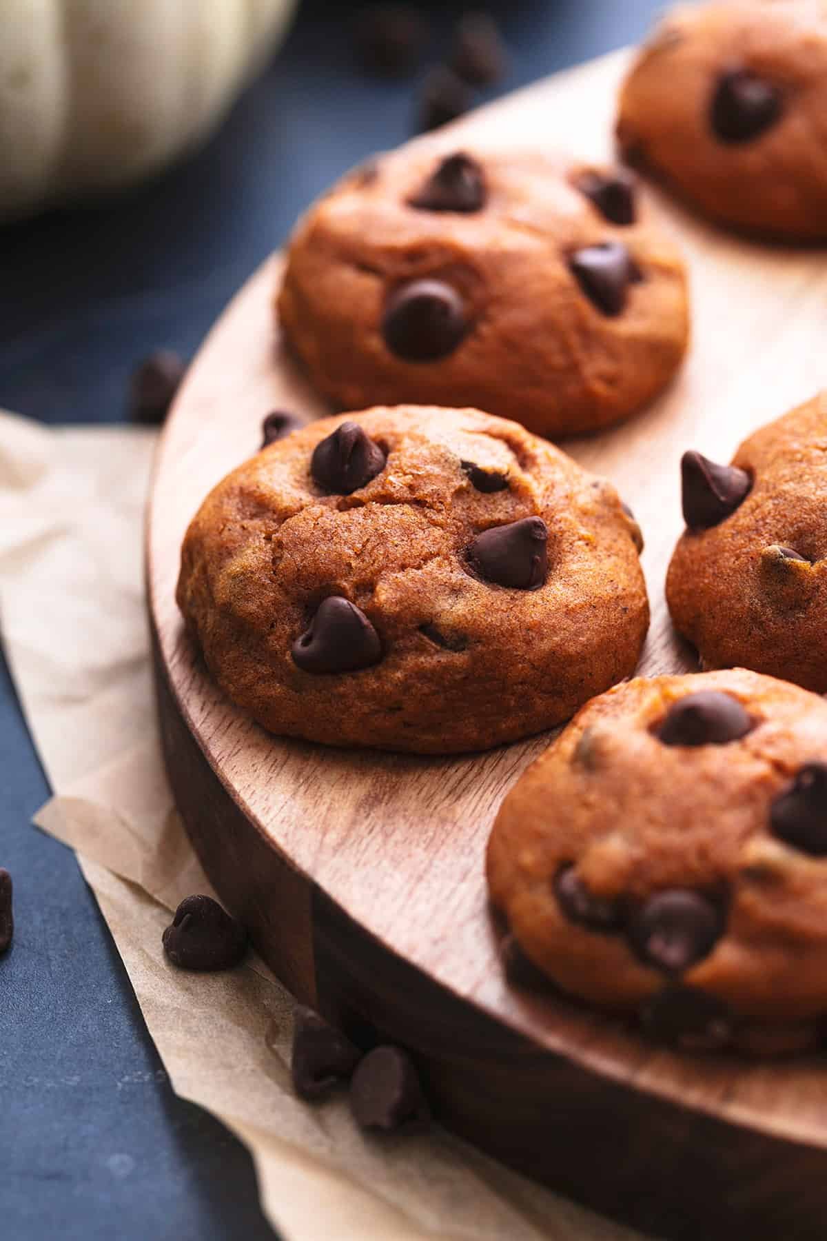 pumpkin chocolate chip cookies on serving board