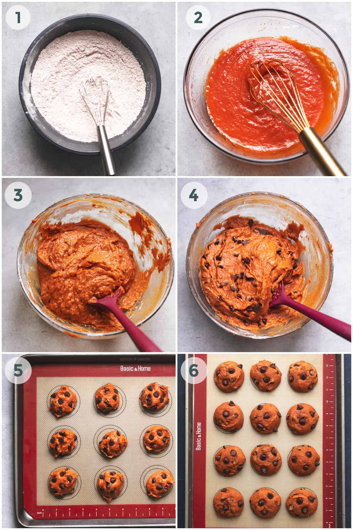 six steps of preparing pumpkin chocolate chip cookies