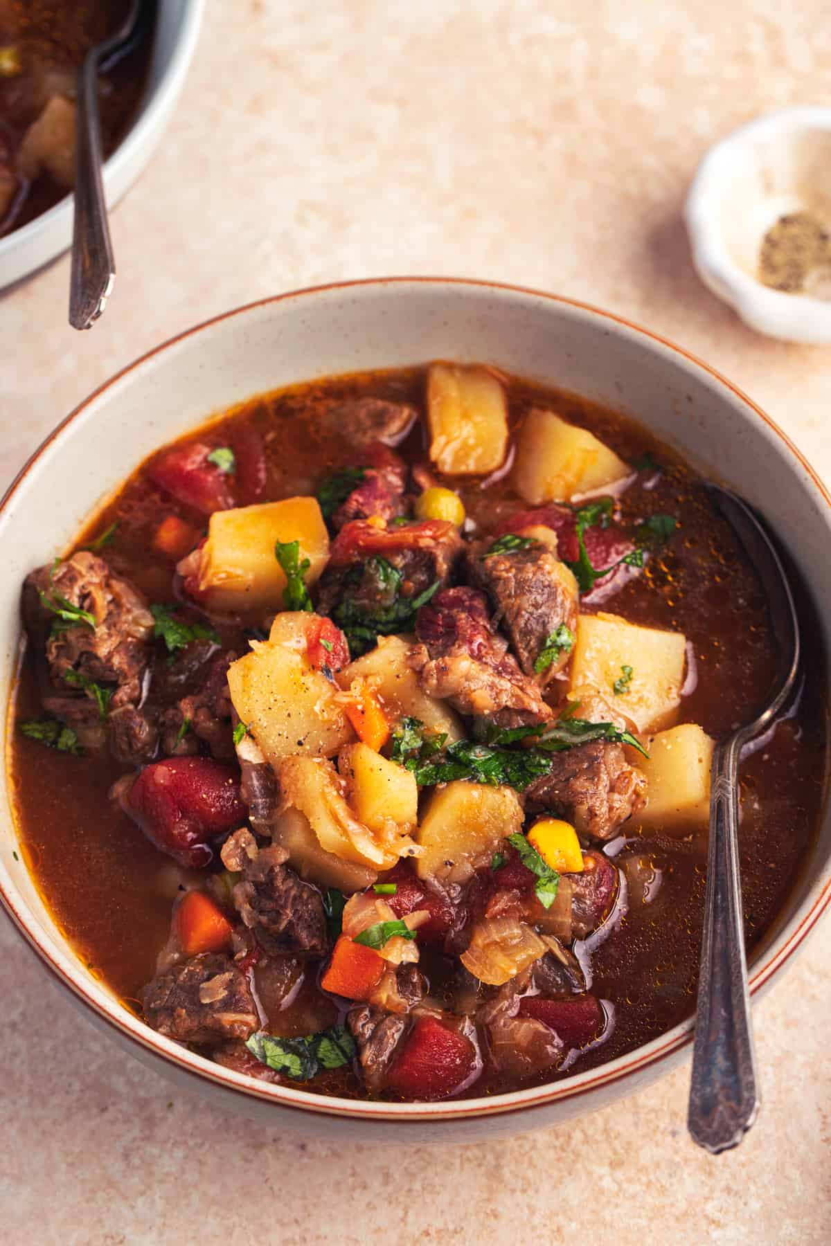 beef and vegetable soup with potatoes in a bowl